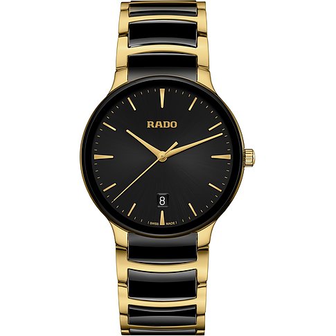 Rado Unisexuhr mit Edelstahlgehäuse, schwarzem Zifferblatt und goldfarbenem Armband.