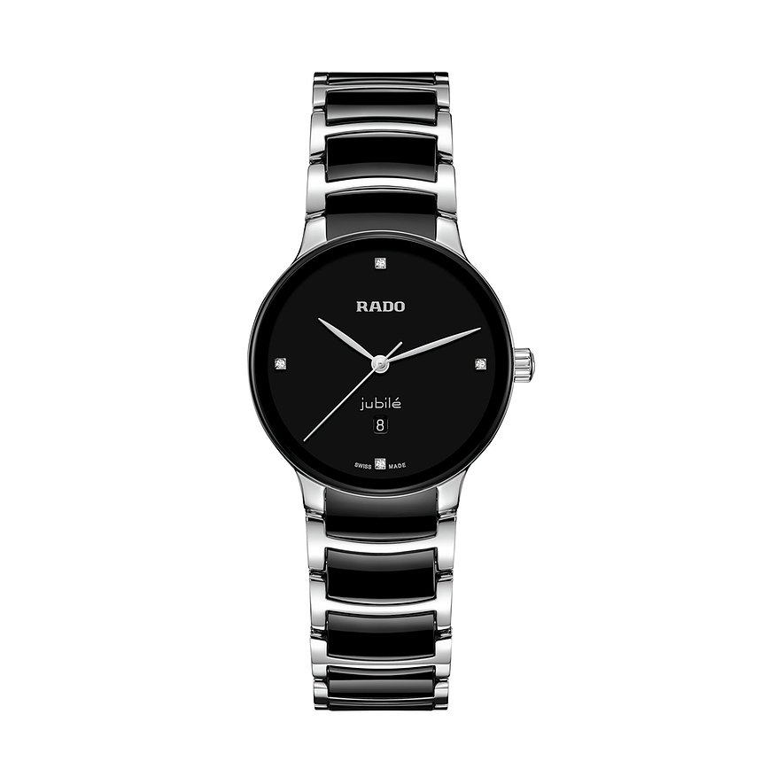 Rado Damenuhr mit Edelstahlgehäuse, schwarzem Zifferblatt und Diamanten.