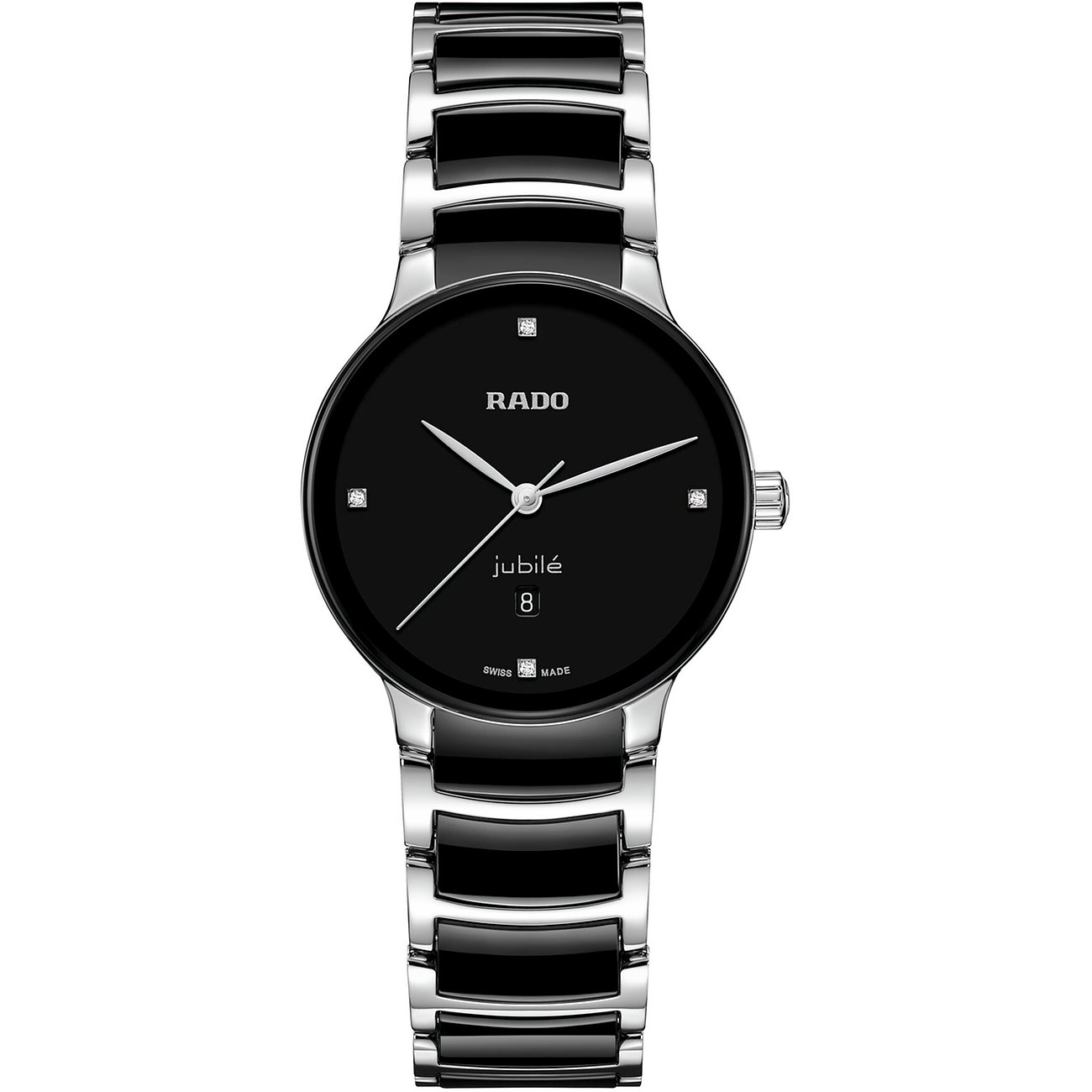 Rado Damenuhr mit Edelstahlgehäuse, schwarzem Zifferblatt und Diamanten.