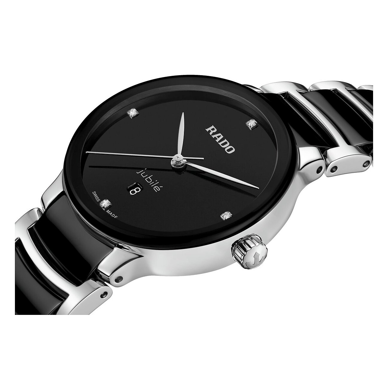 Nahaufnahme der Rado Damenuhr aus Edelstahl und schwarzem Material mit Diamant-Besatz von oben.