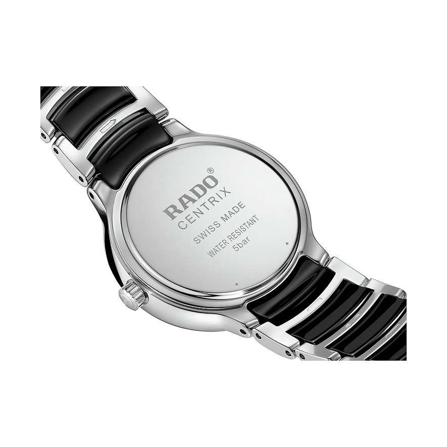 Rado Damenuhr aus schwarzem Keramik und Edelstahl, die Rückseite der Uhr mit Logo und Details.