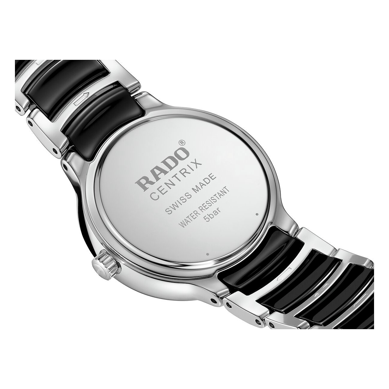 Rado Damenuhr aus schwarzem Keramik und Edelstahl, die Rückseite der Uhr mit Logo und Details.