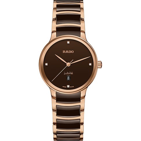 Rado Damenuhr aus Edelstahl, roségoldfarben, mit braunem Zifferblatt und Diamanten.