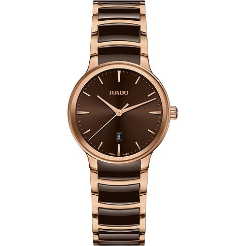 Rado Damenuhr mit Edelstahlgehäuse, braunem Zifferblatt und braunem Keramikarmband.