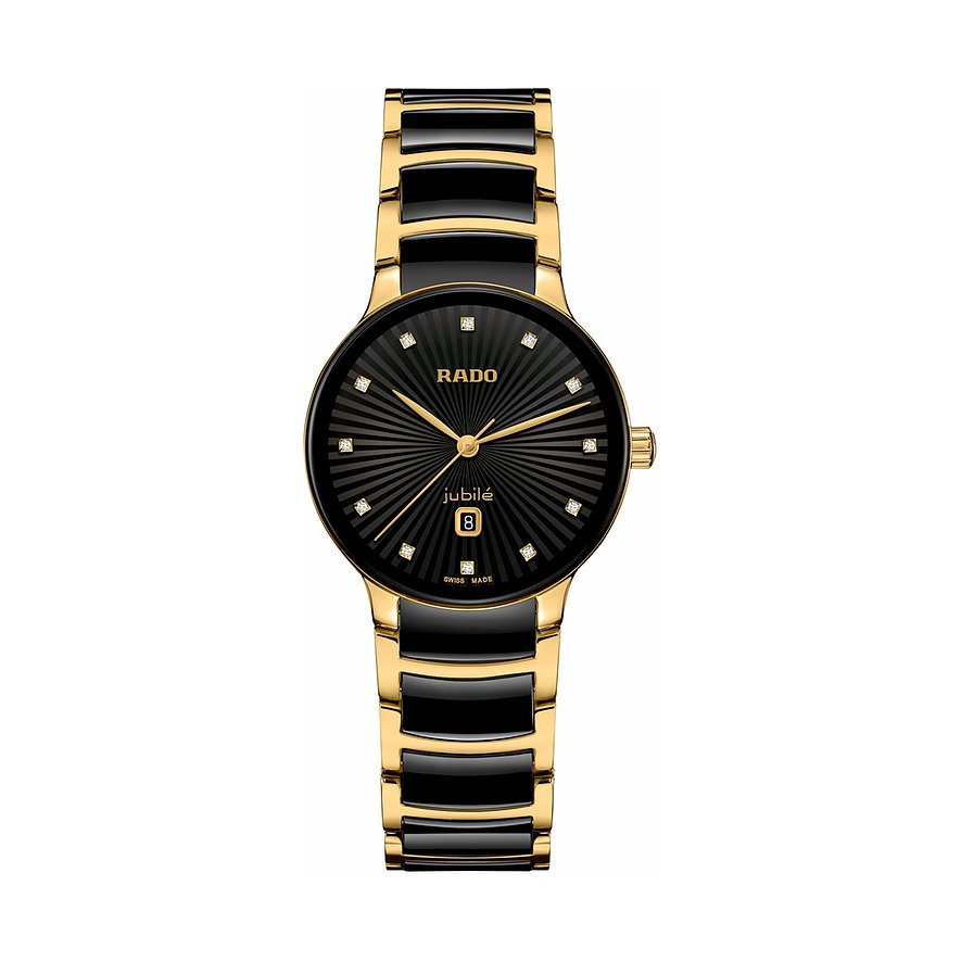 Rado Damenuhr mit Edelstahlgehäuse, bicolor, mit Diamanten und analoger Anzeige.