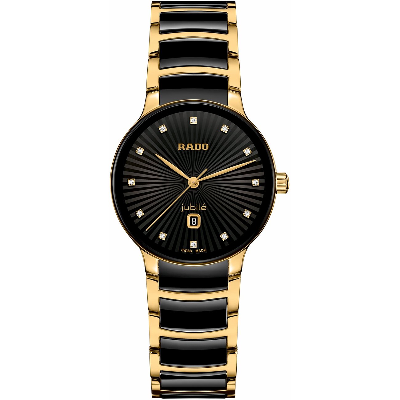 Rado Damenuhr mit Edelstahlgehäuse, bicolor, mit Diamanten und analoger Anzeige.
