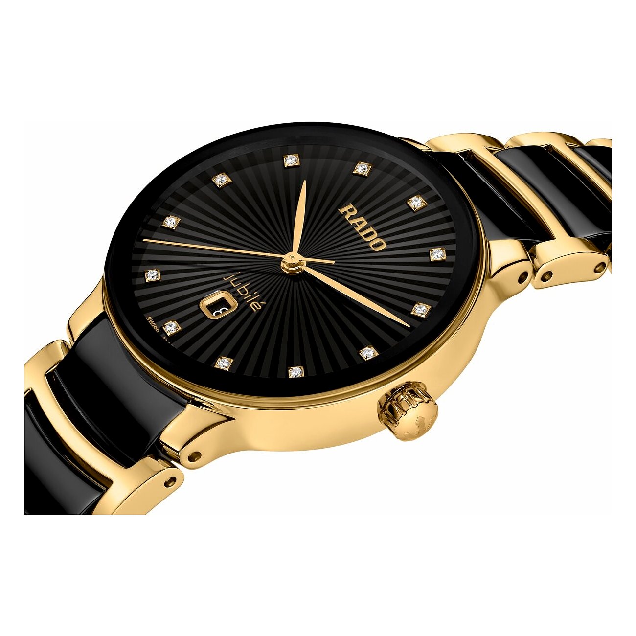 Nahaufnahme der Rado Damenuhr aus goldfarbenem Edelstahl mit schwarzem Zifferblatt und Diamant-Indexen.