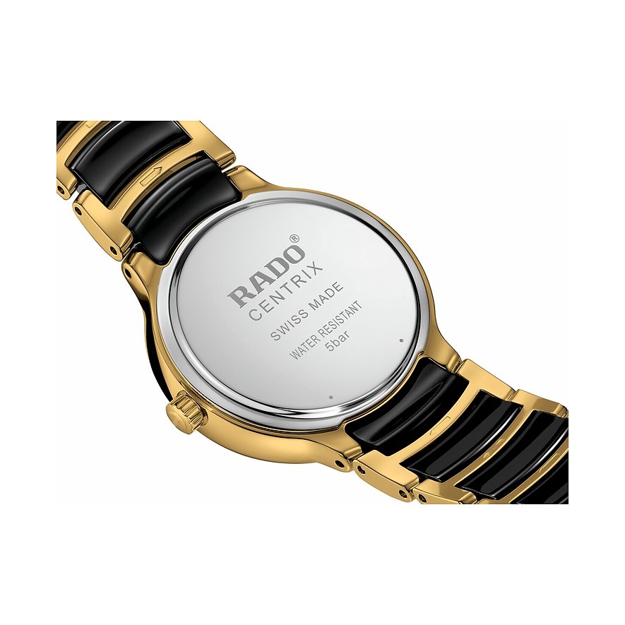 Rado Damenuhr aus goldfarbenem Edelstahl und schwarzem Keramikband, Rückseite mit Logo und Spezifikationen.