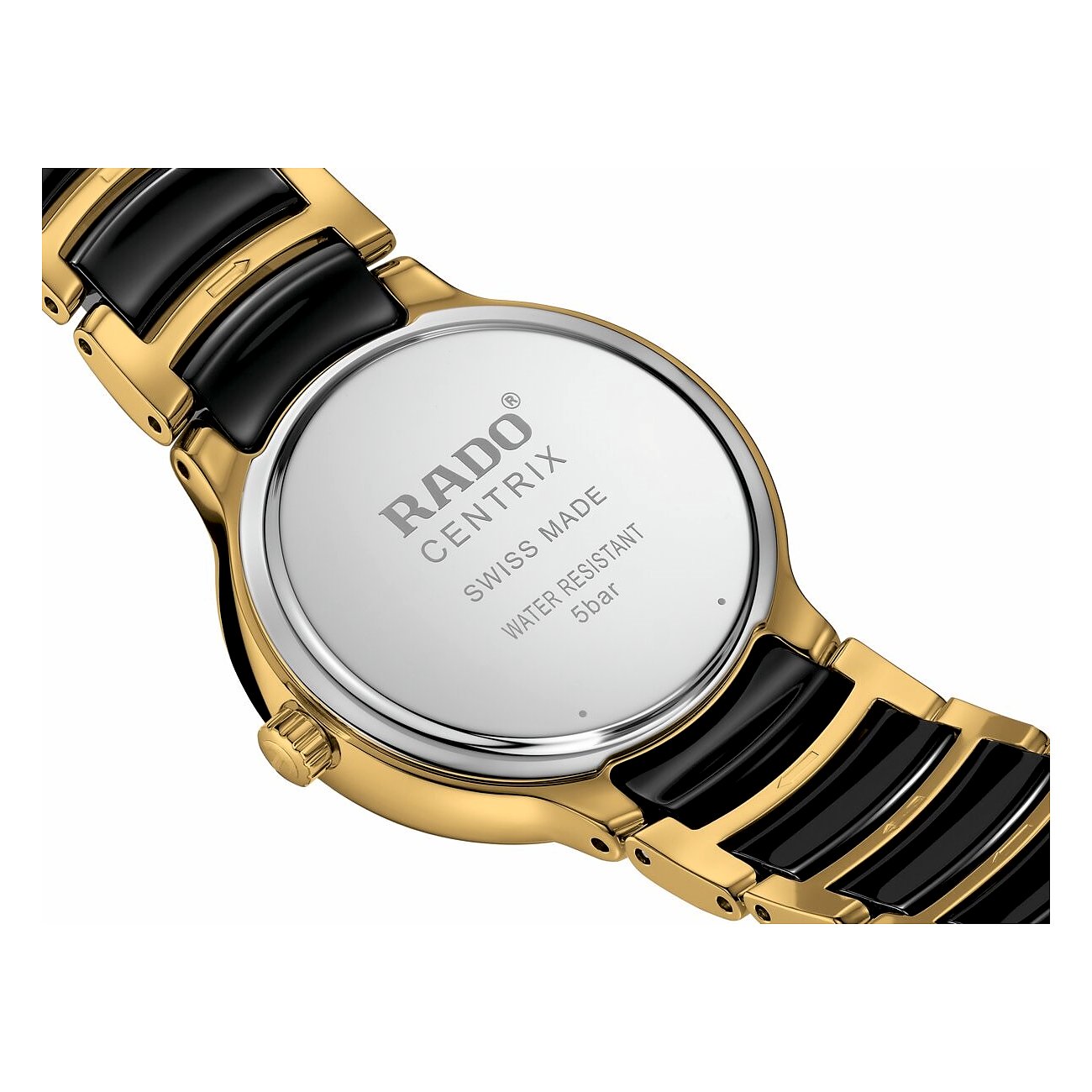 Rado Damenuhr aus goldfarbenem Edelstahl und schwarzem Keramikband, Rückseite mit Logo und Spezifikationen.