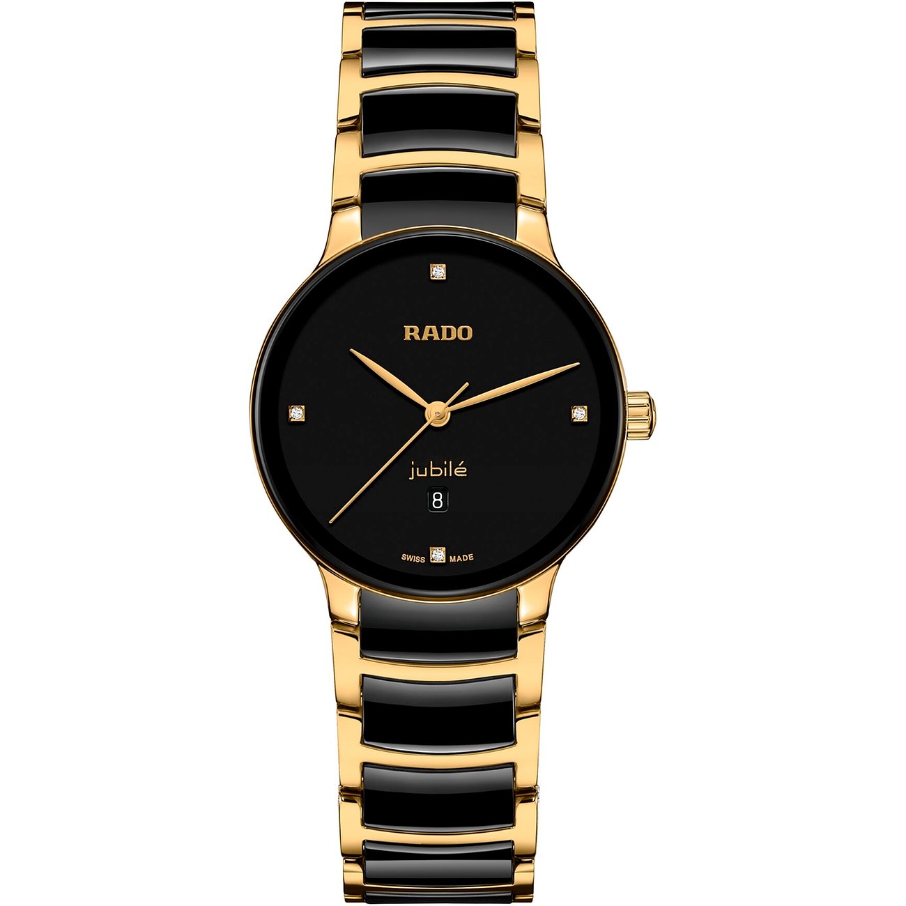 Rado Damenuhr mit Edelstahlgehäuse, schwarzen und goldfarbenen Gliedern, Diamanten.