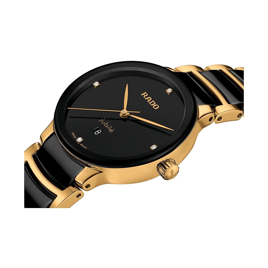 Nahaufnahme einer luxuriösen Rado Damenuhr aus schwarzem und goldfarbenem Edelstahl mit Diamanten und Jubilé.