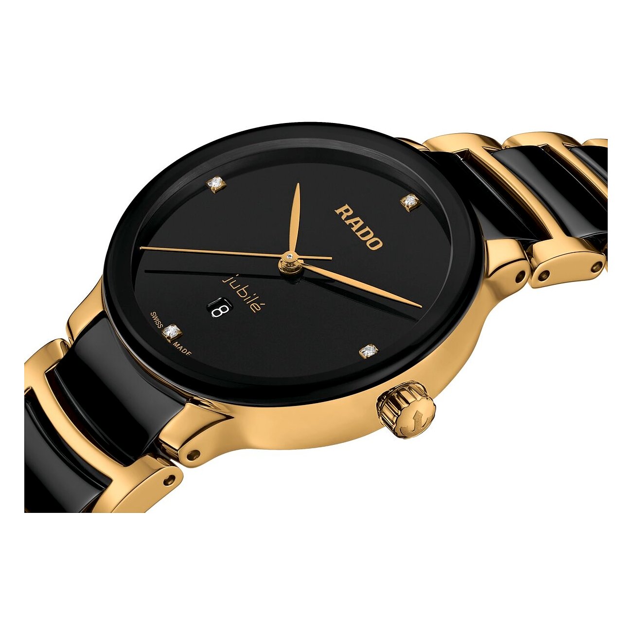 Nahaufnahme einer luxuriösen Rado Damenuhr aus schwarzem und goldfarbenem Edelstahl mit Diamanten und Jubilé.