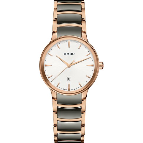 Rado Damenuhr mit Edelstahlgehäuse, roségoldfarben, analog, mit Datum.