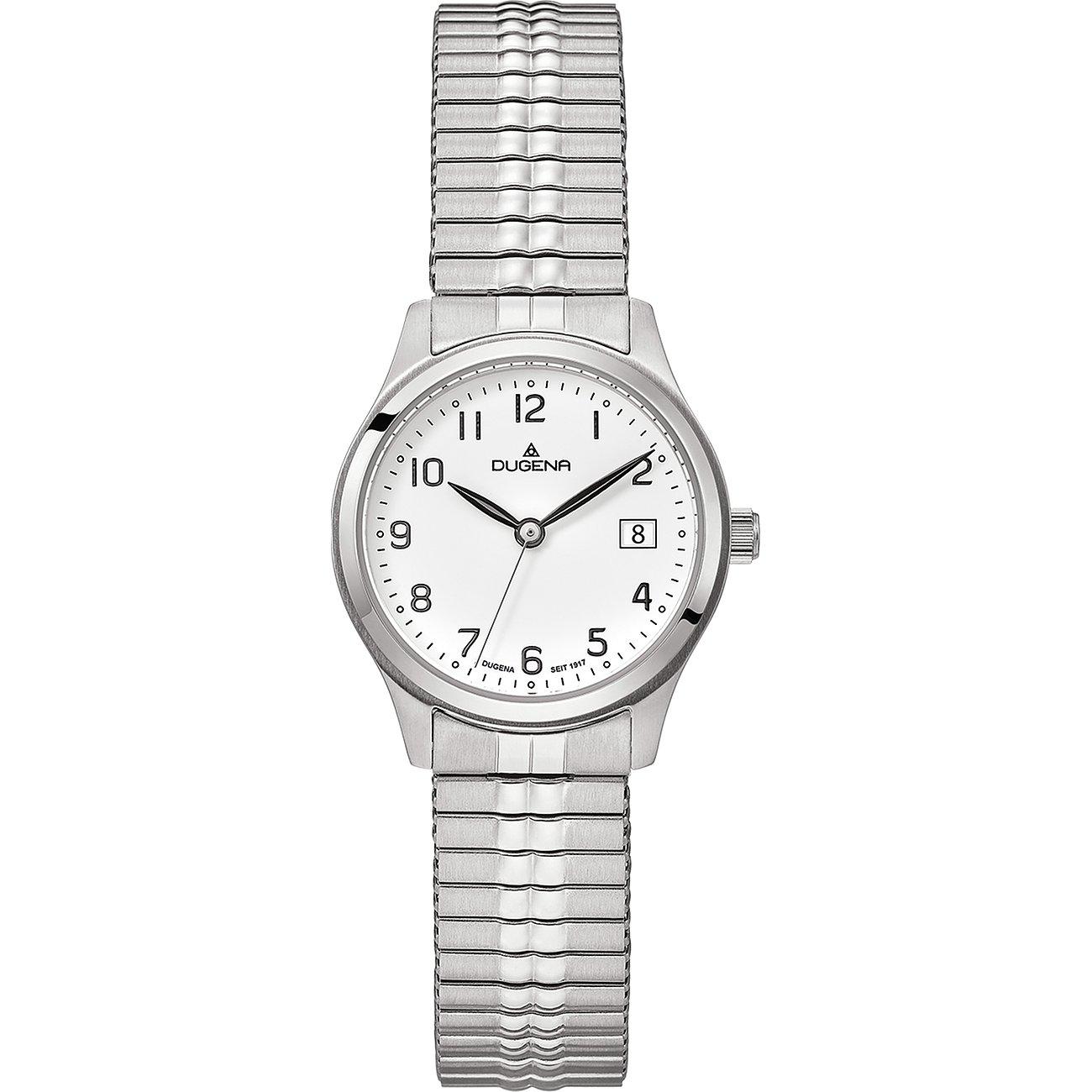Dugena Damenuhr mit Edelstahlgehäuse, weißem Zifferblatt und silberfarbenem Armband.