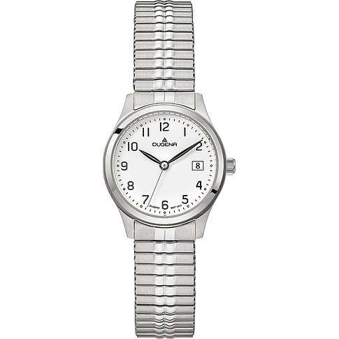 Dugena Damenuhr mit Edelstahlgehäuse, weißem Zifferblatt und silberfarbenem Armband.