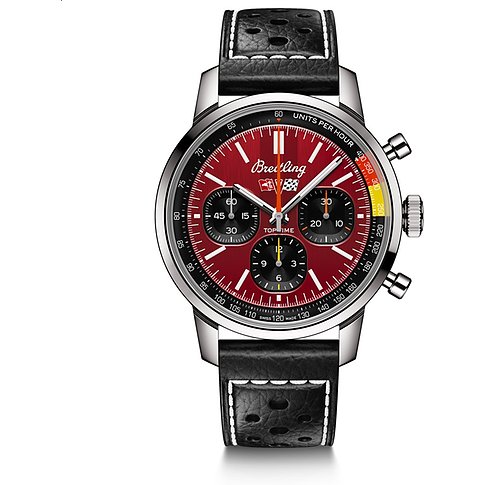 Breitling Unisexuhr aus Edelstahl mit leuchtend rotem Zifferblatt und schwarzem perforiertem Lederarmband in Draufsicht.