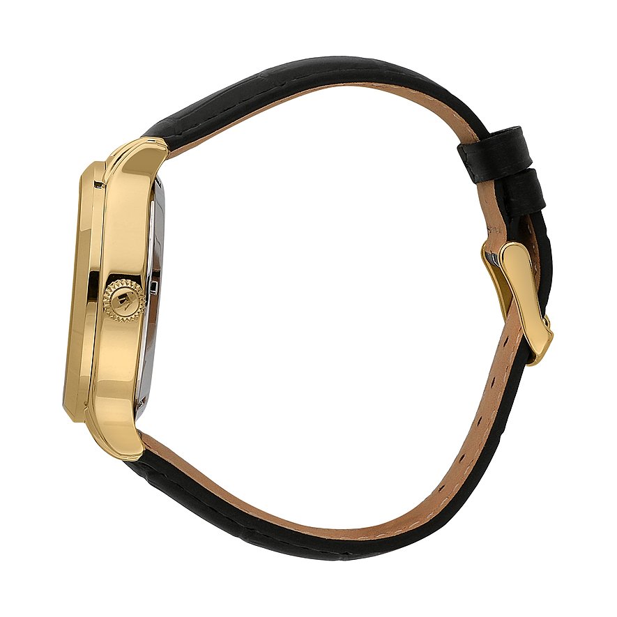 Maserati Herrenuhr mit Edelstahlgehäuse, goldfarben und schwarzem Armband.