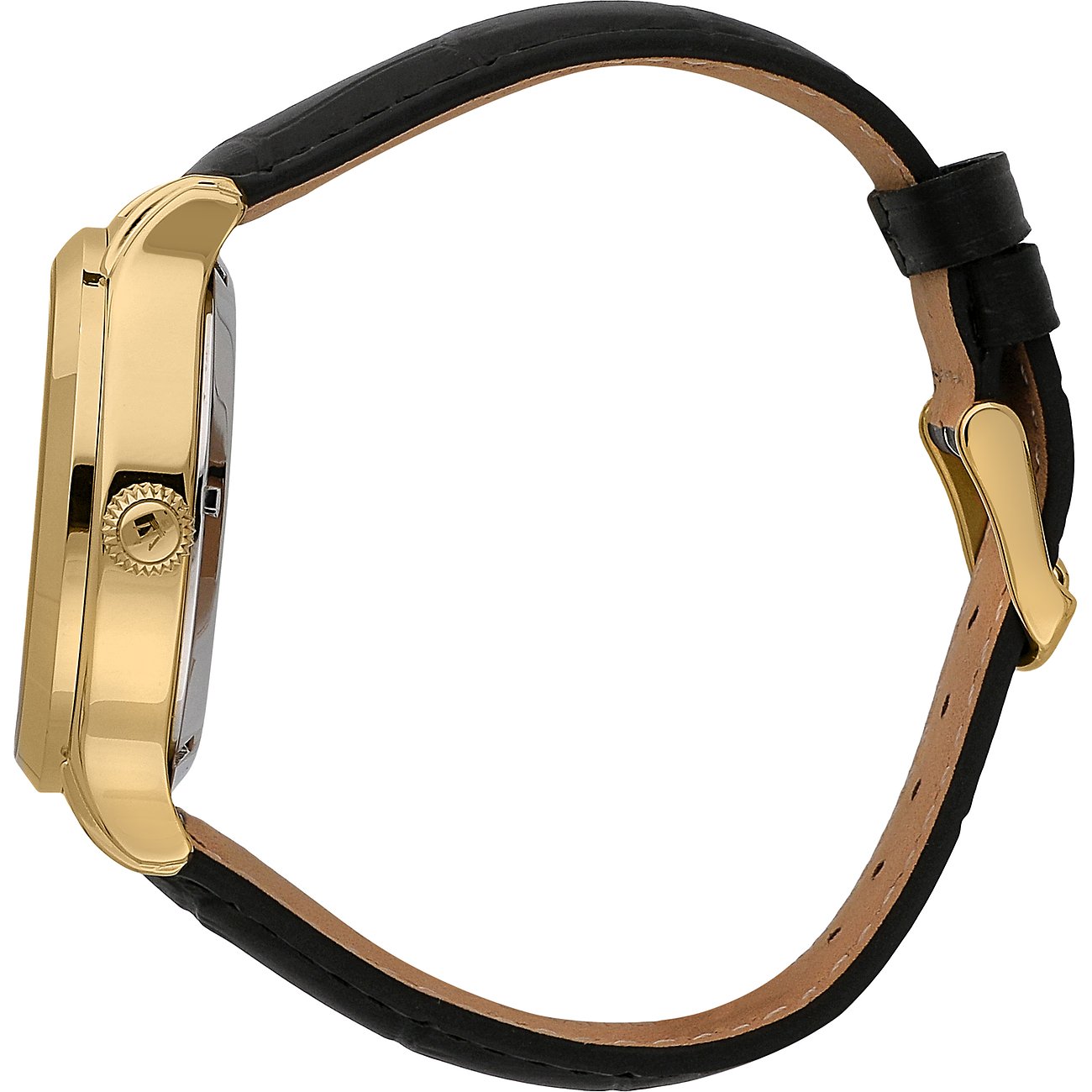 Maserati Herrenuhr mit Edelstahlgehäuse, goldfarben und schwarzem Armband.