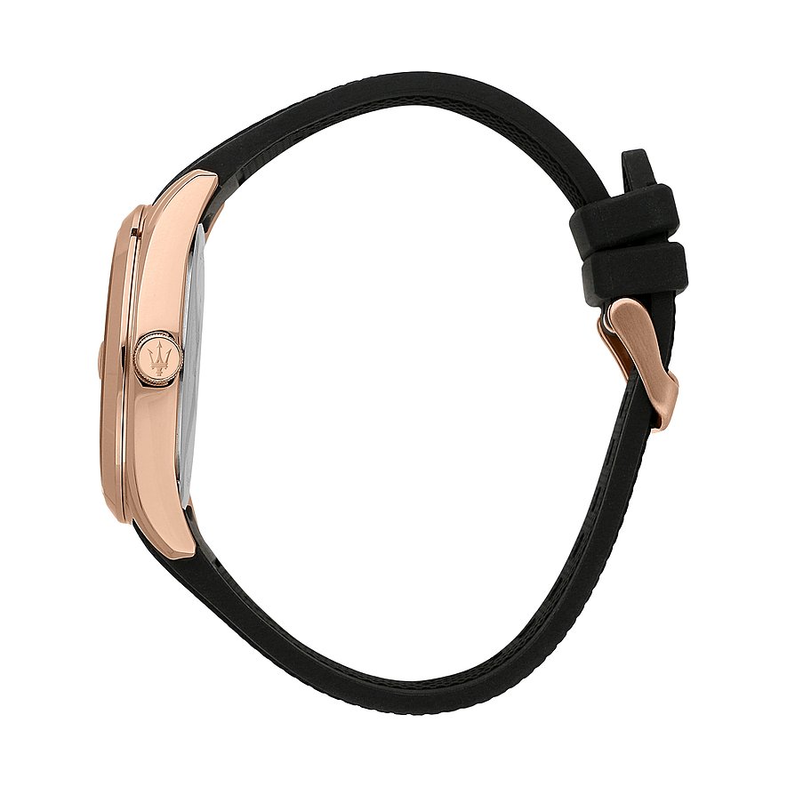 Maserati Herrenuhr mit roségoldfarbenem Edelstahlgehäuse und schwarzem Armband.