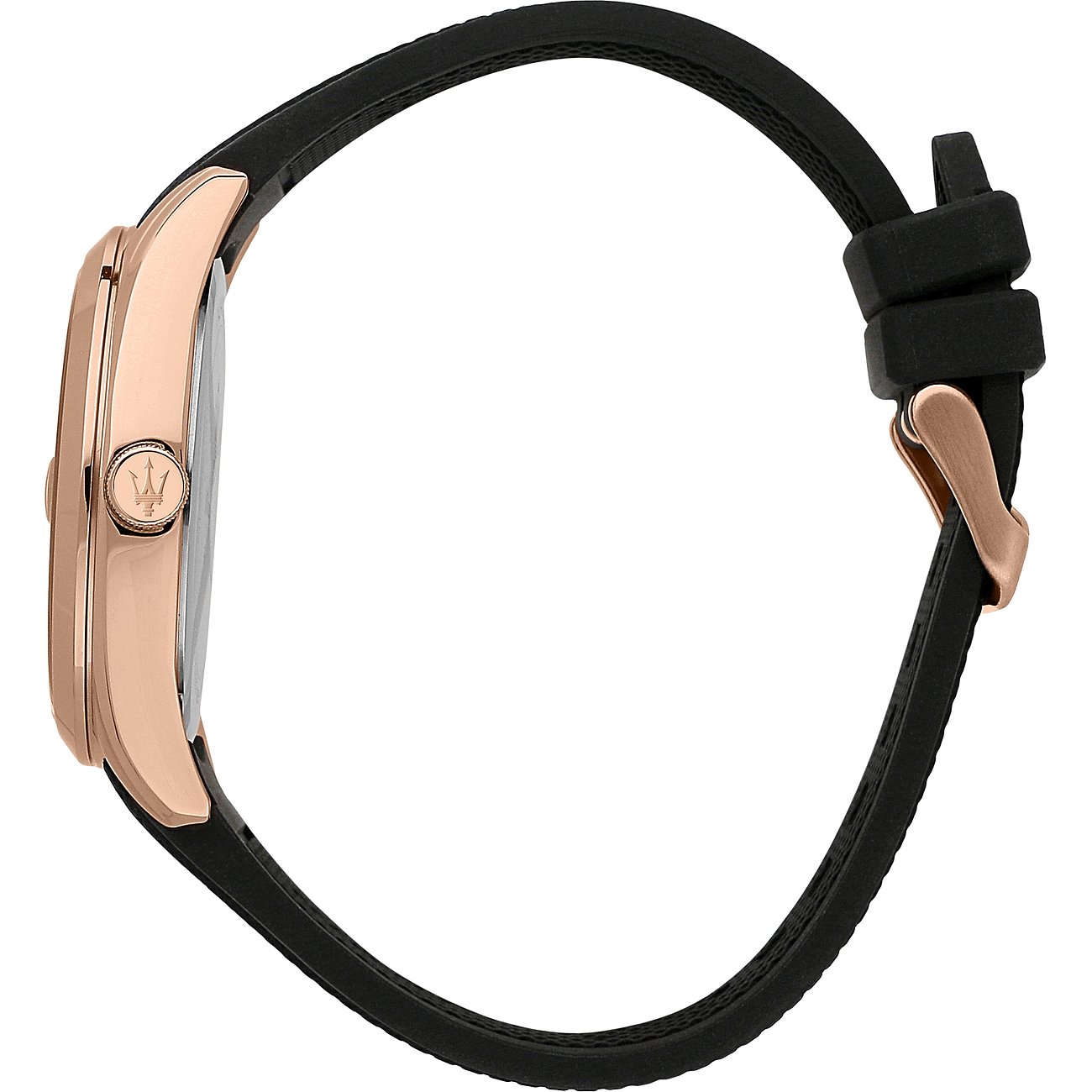 Maserati Herrenuhr mit roségoldfarbenem Edelstahlgehäuse und schwarzem Armband.