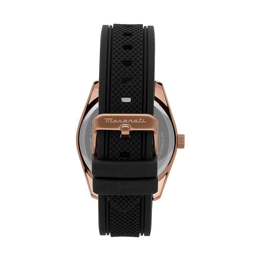 Maserati Herrenuhr mit roségoldfarbenem Gehäuse und schwarzem Armband.