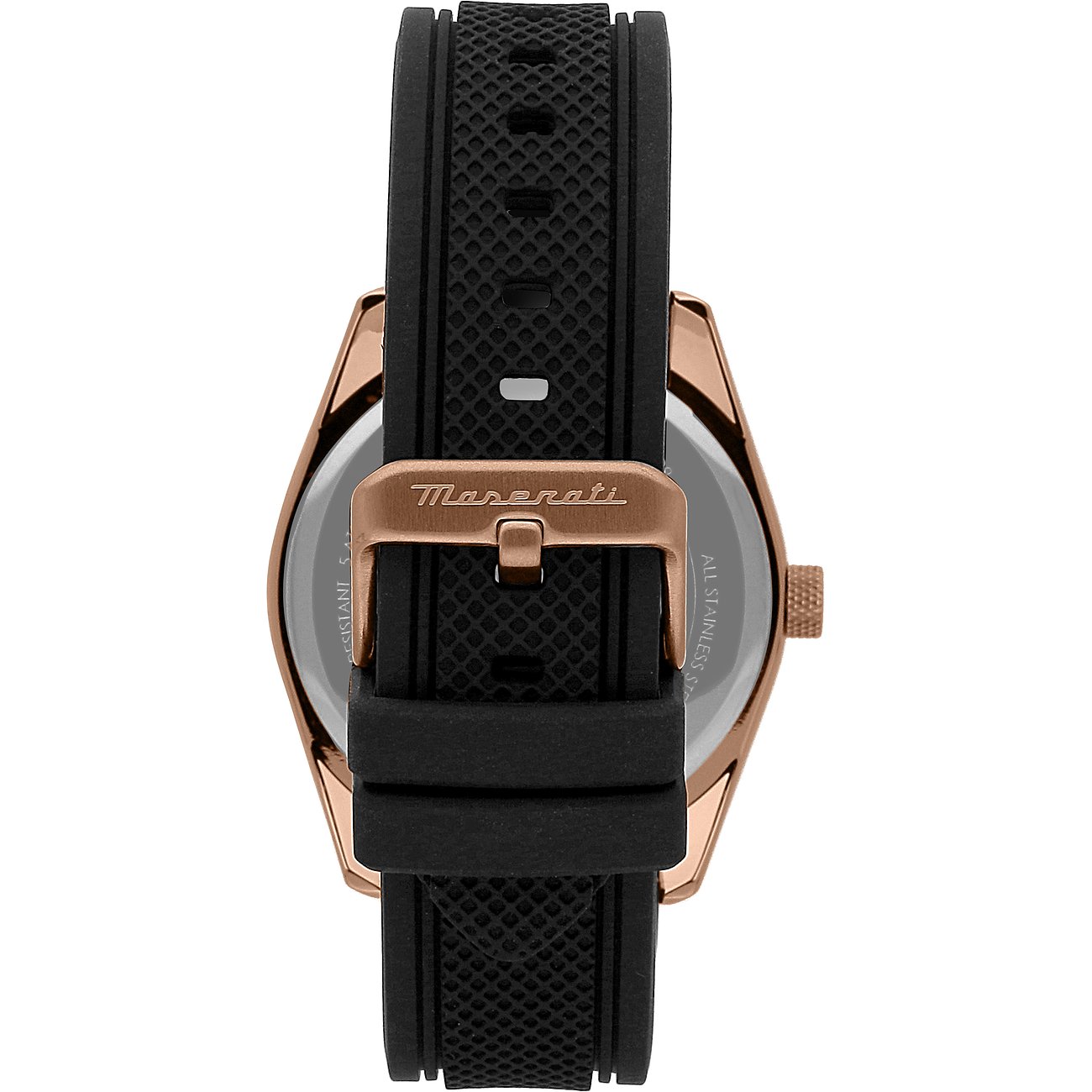 Maserati Herrenuhr mit roségoldfarbenem Gehäuse und schwarzem Armband.
