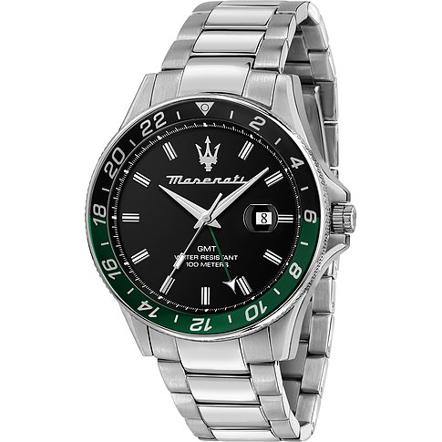 Maserati herrur med boett i rostfritt stål, svart urtavla och grön ring.