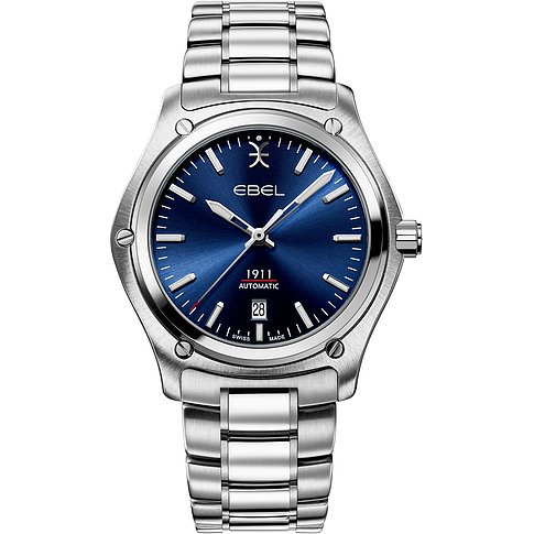 Ebel Herrenuhr mit Edelstahlgehäuse, blauem Zifferblatt und Datumsanzeige.