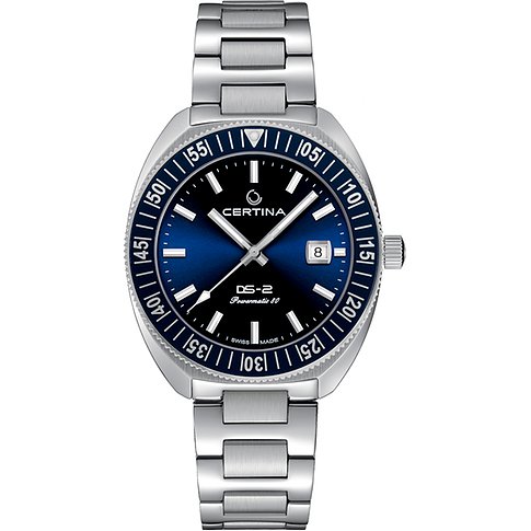 Eine Certina DS-2 Automatikuhr für Herren aus glänzendem Edelstahl mit einem blauen Zifferblatt und Datumsanzeige.