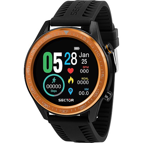 Sector smartwatch van roestvrij staal en aluminium, zwarte band en bruine wijzerplaatkast