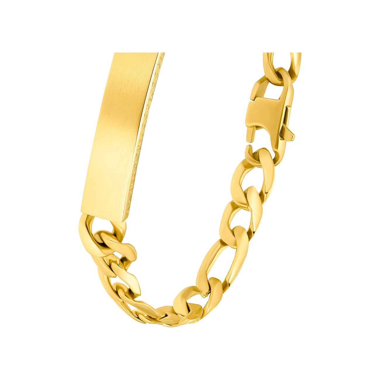 JOOP! Herrearmbånd i guldfarvet rustfrit stål: Figaro-kæde, poleret ID-plade, karabinlås.