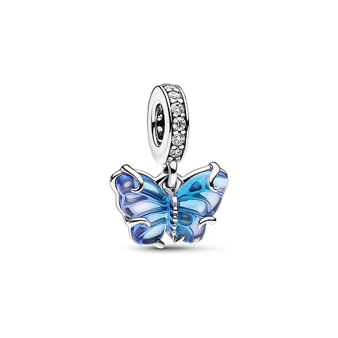 Pandora Anhängeschmuck aus 925 Silber mit blauen Glas und Zirkonia.