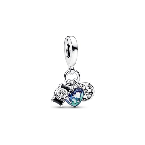 Pandora Anhängeschmuck aus 925er Silber mit Zirkonia und Weltkarten-Herz.