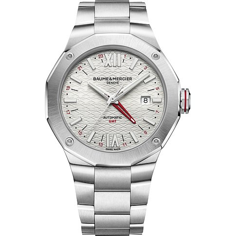 Baume & Mercier Herrenuhr mit Edelstahlgehäuse, weißem Zifferblatt und GMT-Funktion.