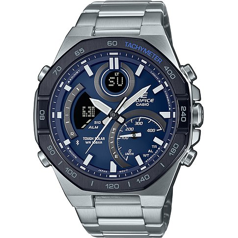 Casio Herrenuhr aus silberfarbenem Edelstahl mit dunkelblauem Zifferblatt und digitalen Anzeigen.