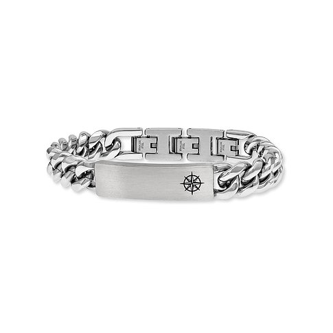 Il bracciale Save Brave in acciaio lucido con stella della bussola incisa su una piastra opaca.