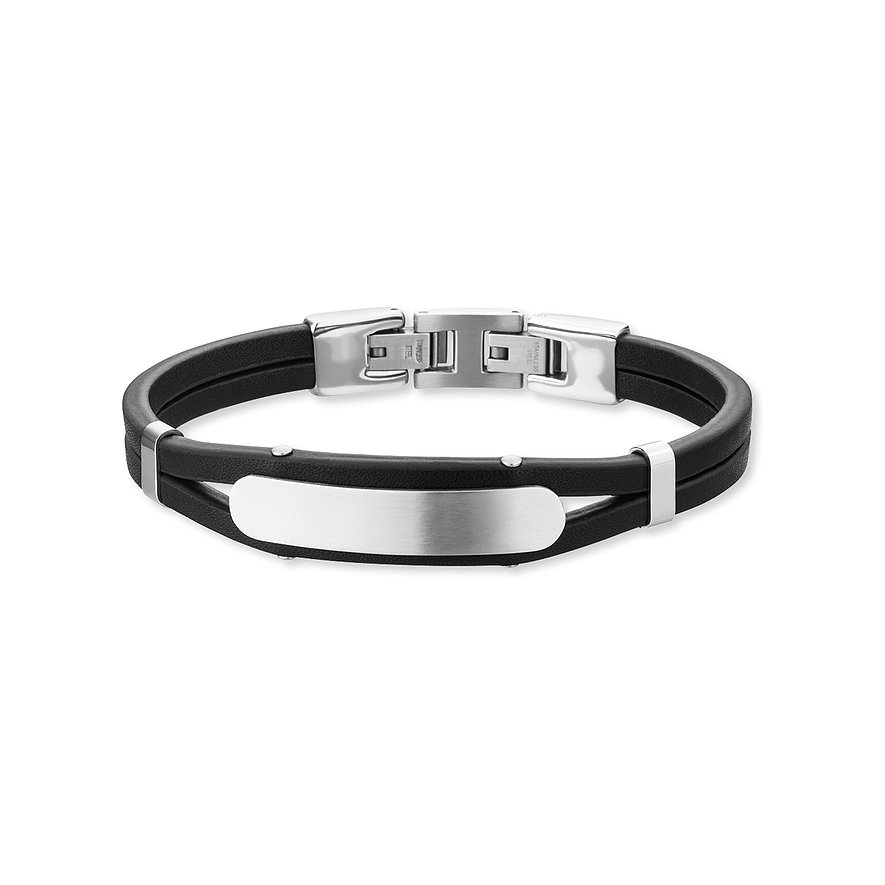 Armschmuck von Save Brave aus schwarzem Leder und Edelstahl mit gebürsteter, silberfarbener Platte und Verschluss.
