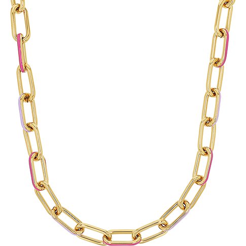 Noelani halsband i guldfärgat rostfritt stål med omväxlande rosa och lila emaljerade länkar.