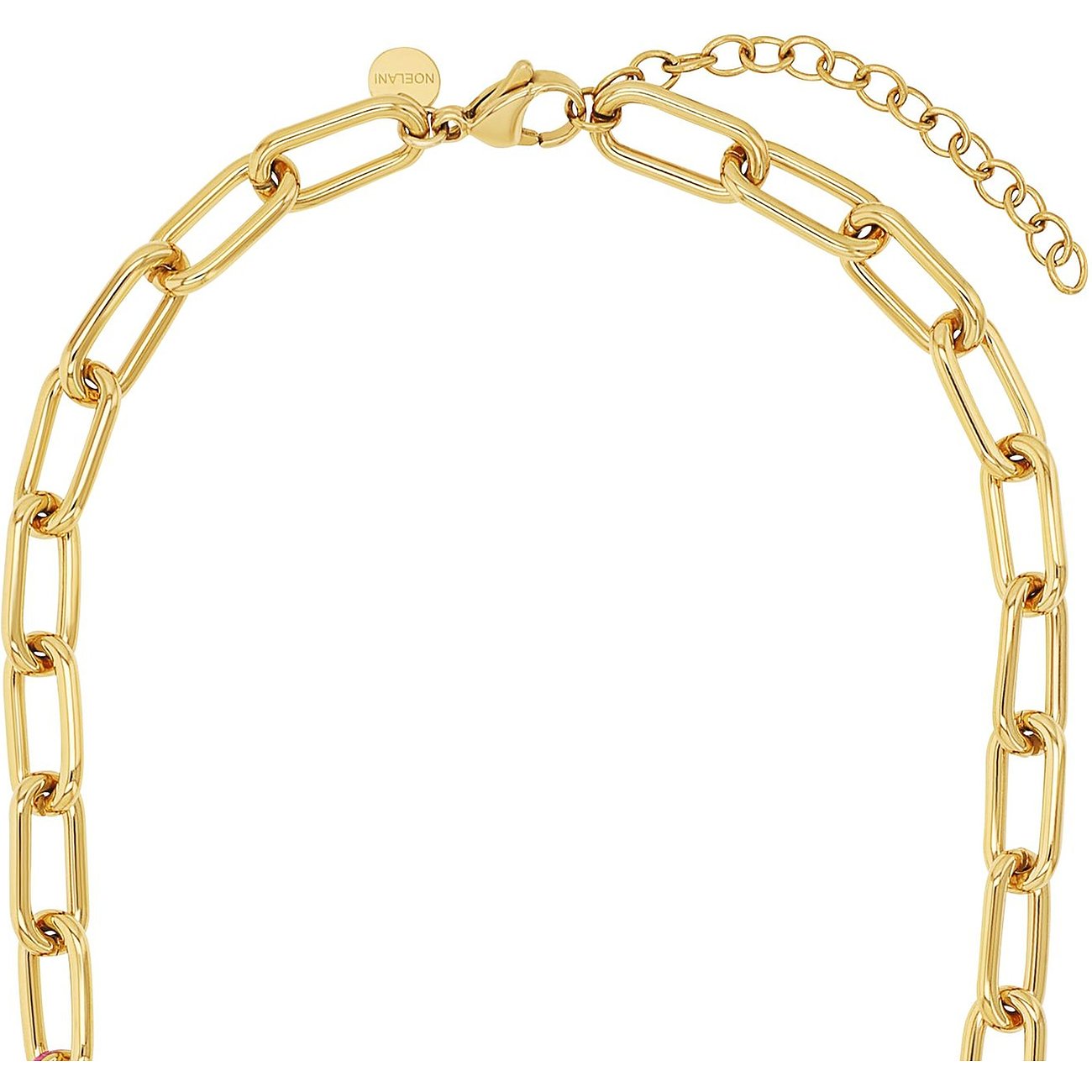 Close-up des goldenen Noelani Halsschmucks aus Edelstahl, der aus einer langen Gliederkette besteht.