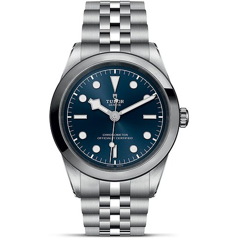 Tudor Herrenuhr mit Edelstahlgehäuse, blauem Zifferblatt und silberfarbenem Armband.