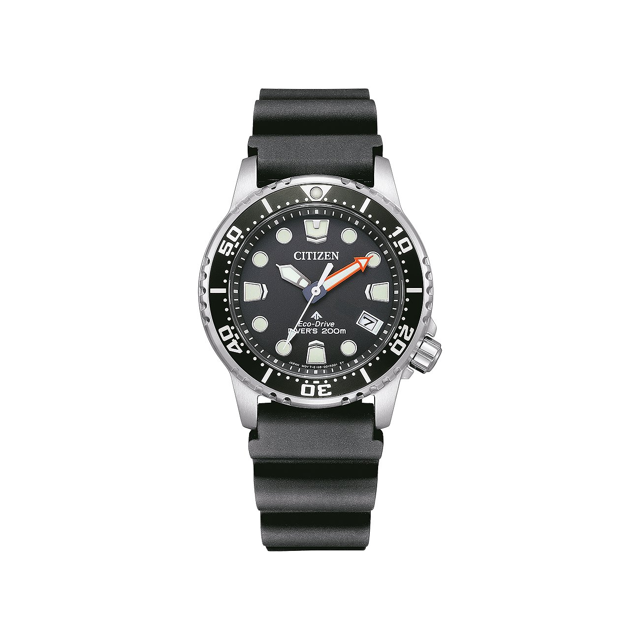 Citizen dameshorloge met roestvrijstalen kast, zwarte wijzerplaat en datum.