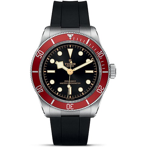 Tudor Herrenuhr mit Edelstahlgehäuse, schwarzem Zifferblatt und roter Lünette.