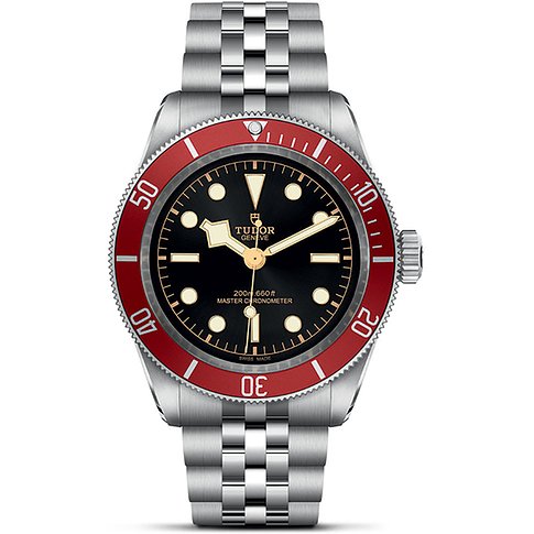 Tudor Herrenuhr mit Edelstahlgehäuse, schwarzem Zifferblatt und roter Lünette.