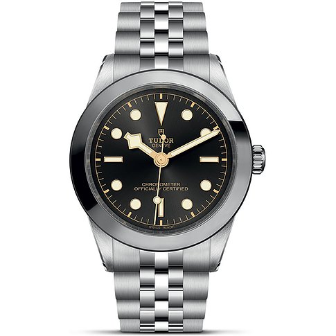 Tudor Unisexuhr mit Edelstahlgehäuse, schwarzem Zifferblatt und Automatikwerk.