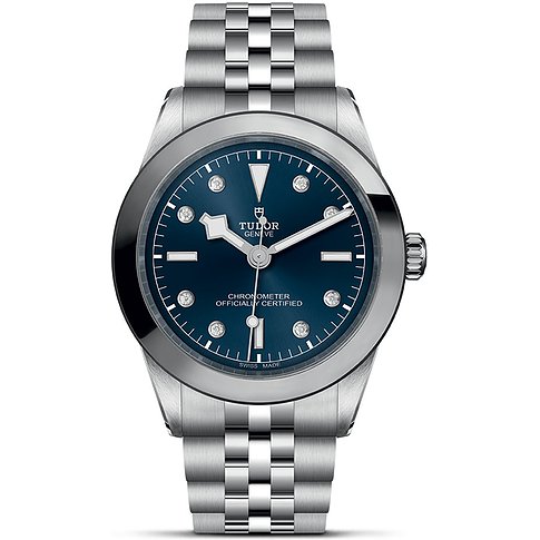 Tudor Unisexuhr mit Edelstahlgehäuse, blauem Zifferblatt und Diamanten.