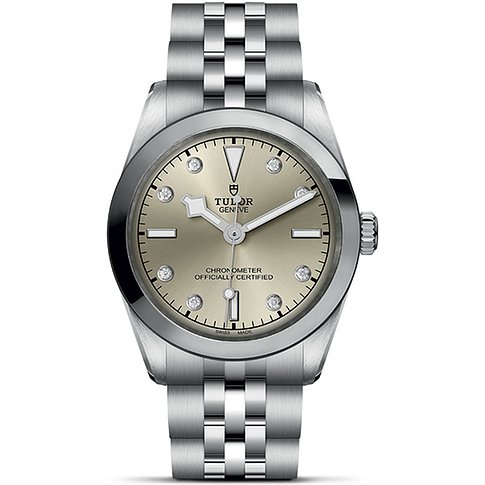 Tudor Damenuhr mit Edelstahlgehäuse und Diamanten, analog, mit Datumsanzeige.