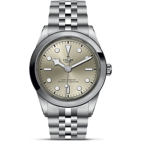 Tudor Herrenuhr mit Edelstahlgehäuse, silberfarbenes Zifferblatt und Edelstahlarmband.