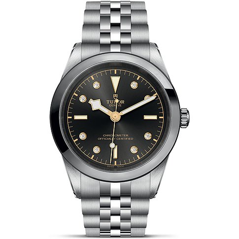Tudor Herrenuhr mit Edelstahlgehäuse, schwarzem Zifferblatt und Diamanten.