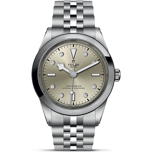 Tudor Herrenuhr aus Edelstahl mit Diamanten und silberfarbenem Zifferblatt.