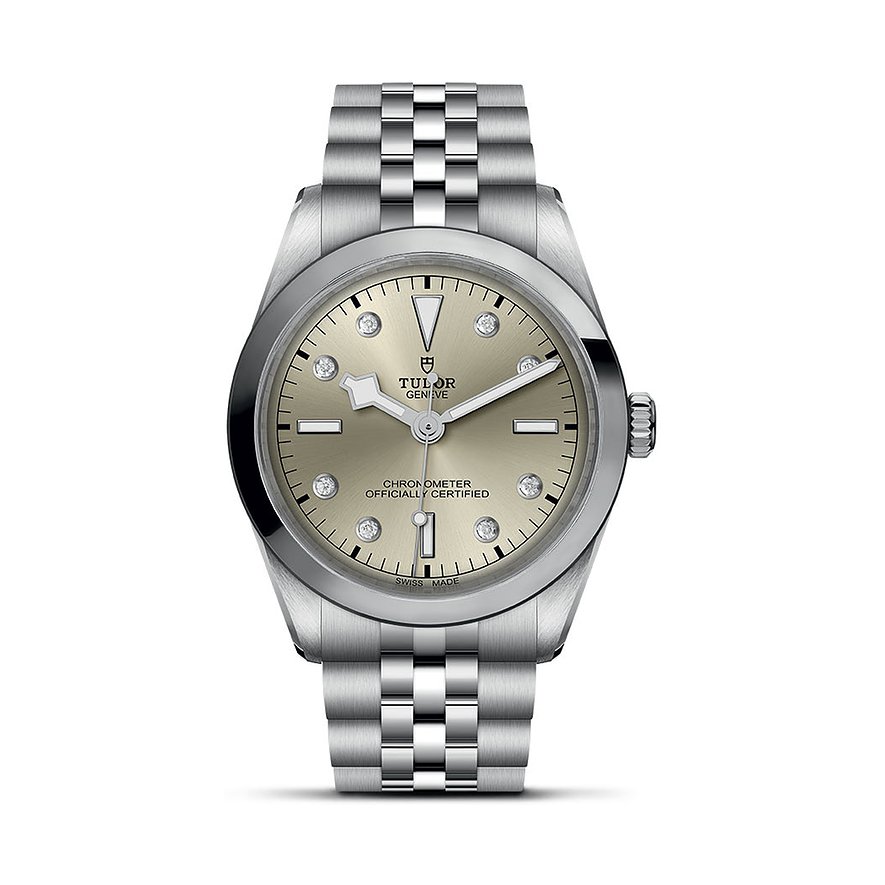 Tudor Unisexuhr mit Edelstahlgehäuse, Champagnerzifferblatt, Diamanten und Gliederarmband.